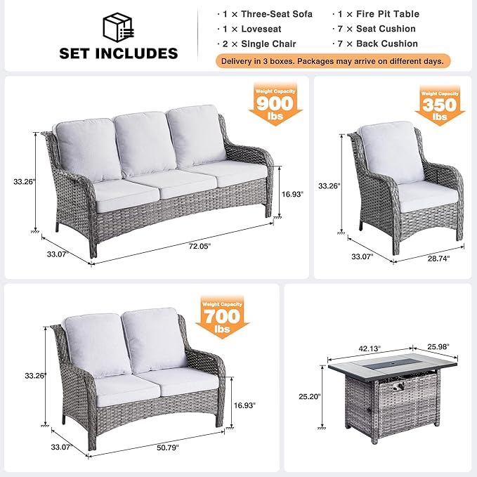 ovios 5 Pieces Patio Furniture Set with 42" Fire Pit Table, Outdoor Wicker Sofa with Loveseat, Comfy Cushions, High Back Couch Conversation Set, Grey Rattan, Grey