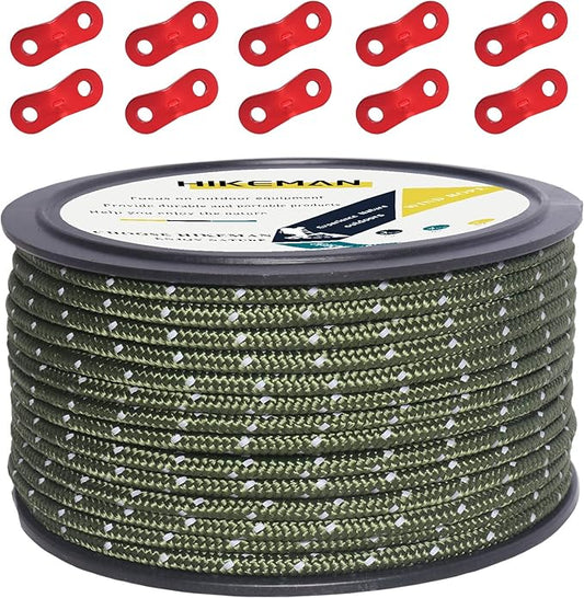 Hikeman 50m Reflective Guyline Solid Braid Nylon Camping Rope with Aluminum Adjuster Cord Tensioner Tent Accessory for Outdoor Travel,Hiking,Backpacking and Water Activities (Army Green, 3mm)