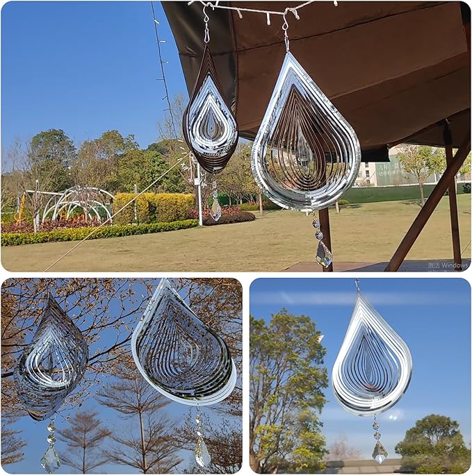 2PCS Wind Spinner 3D Stainless Steel Metal Sculptures Decorations, Water Droplets Wind Sculptures & Spinners, Outdoor Hanging Garden Decoration, Bird Devices Deterrent for Outside to Scare Birds Away