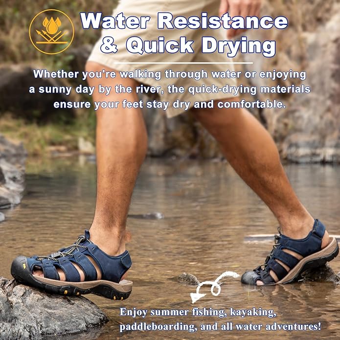 Men's Sport Sandals Closed Toe Leather Hiking Athletic Walking Outdoor Beach Trail River Fishing Water Shoes Lightweight Comfortable Waterproof
