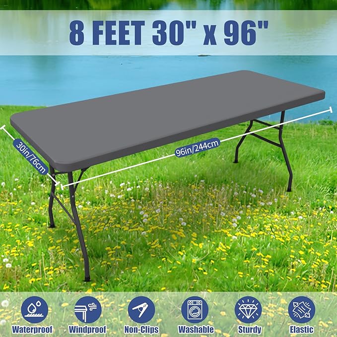 Spandex Picnic Table Cloth 2 Pack, Elastic Fitted Tablecloths for 8 Foot Rectangle Tables, Stretch Washable Patio Table Cover for Outdoor, Camping, Banquet and Parties (Grey, 30"x96")
