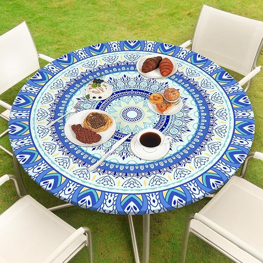 Round Tablecloth Fitted Elastic Table Cover Waterproof Table Cloth for Dinner, Party, Picnic,Camping, Round Table Cover for Indoor Outdoor