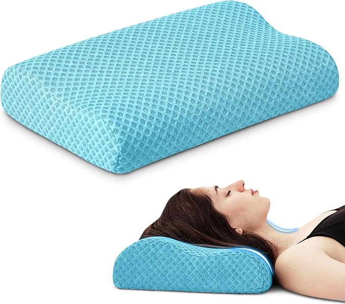 Travel Pillow Memory Foam Pillows, Ergonomic Wave Cervical Neck Pillow for Neck Pain Relief, Compressible Medium Firm Side Sleeper Pillow, Ideal for Camping, Office, Home & Bed (Light Blue, S)