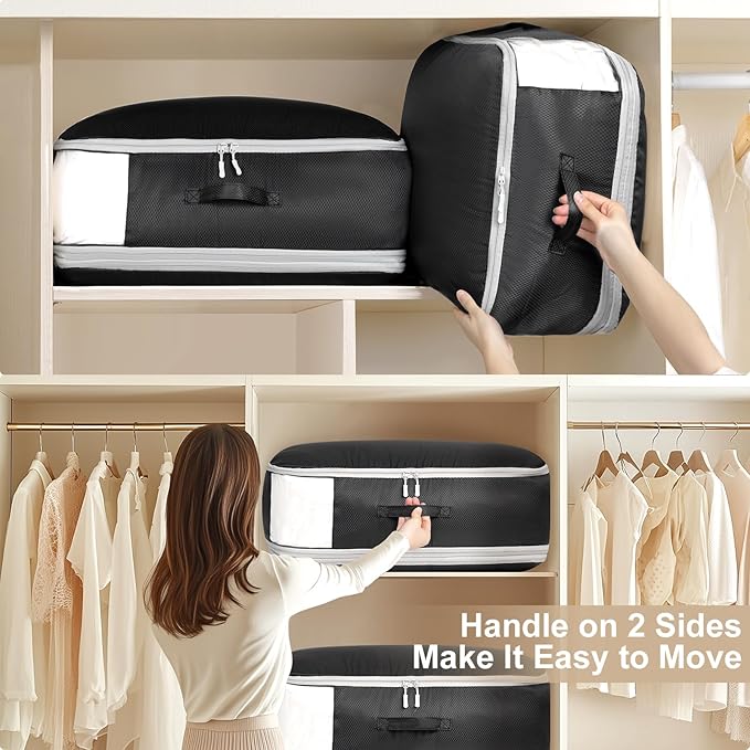 Comforter Storage Bag - Large Capacity Blanket Storage Bags 3-Layer Ultra Space Saving Self Compression Organizer, Washable Compression Bags for Storage Comforter Blanket, 4-Pack, Black