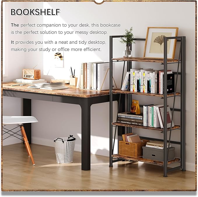 4NM No-Assembly Folding Bookshelf Storage Shelves 4 Tiers Vintage Bookcase Standing Racks Study Organizer Home Office (Rustic Brown Black)