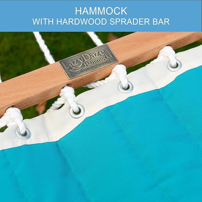 Lazy Daze Hammocks 12FT Quilted Fabric Double Hammock with Pillow, 2 Person Hammock with Spreader Bar for Outdoor Outside Patio Garden Yard Pool Beach (Blue)