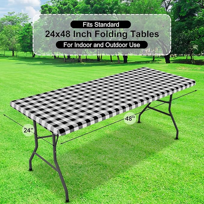 misaya Buffalo Rectangle Picnic Tablecloth, 4 Foot Elastic Fitted Vinyl Table Cloth with Flannel Backing, Waterproof Plaid Table Covers for Dining, Camping, Outdoor (Black and White, 24" x 48")