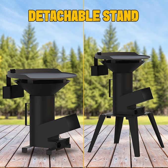 3-in-1 Camp Rocket Stove Kit with BBQ Grate, Griddle, Pot Rack, Portable Wood Burning Stove with Detachable Stand, Camping Gear for Outdoor Cooking Patio Barbecue RV Tailgating, GS345