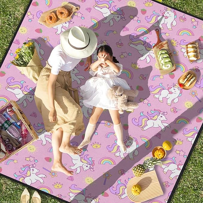 Extra Large Picnic Outdoor Blanket 60''x80'' Pink Unicorn Waterproof and Sandproof Picnic Mat for Beach Foldable Camping Accessories for Grass Lawn Park