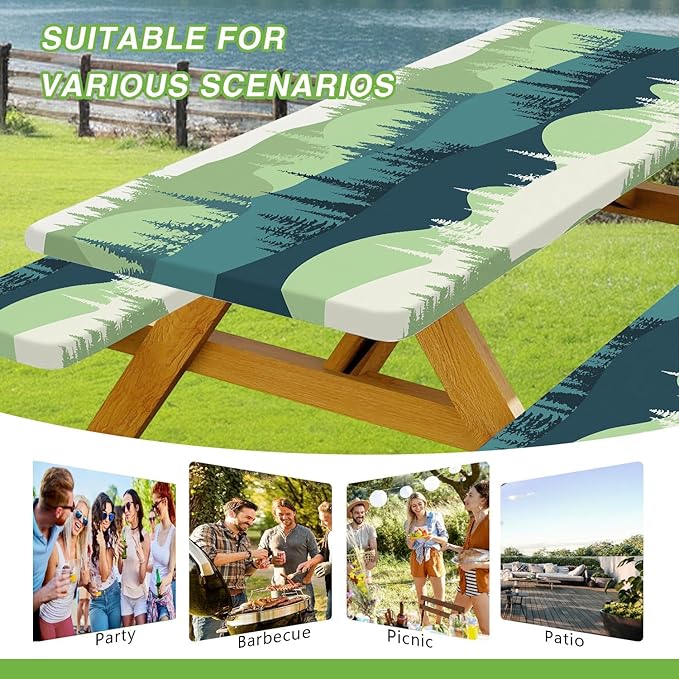 Picnic Table Cover with Bench Covers Tablecloth with Elastic Edges Waterproof Windproof Camping Essentials, Fitted Rectangle Tables and Seats, Drawstring Bag, 72in, Blue Green