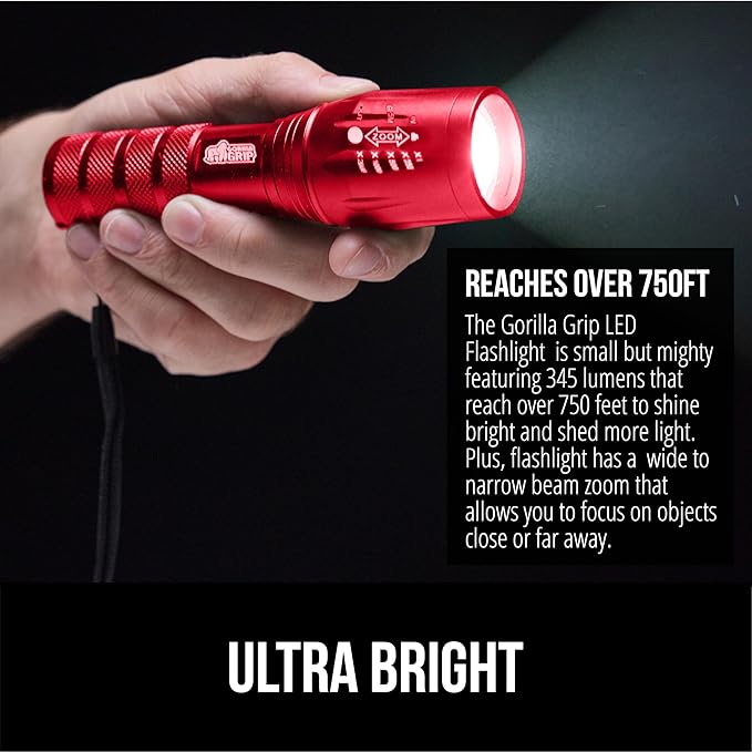 GORILLA GRIP Powerful LED Tactical Flashlight, 750 FT High Lumens 5 Adjustable Modes, Water Resistant, Ultra Bright Zoom Flashlights, Small Mini Flash Light, Camping, Night Dog Walking, Red