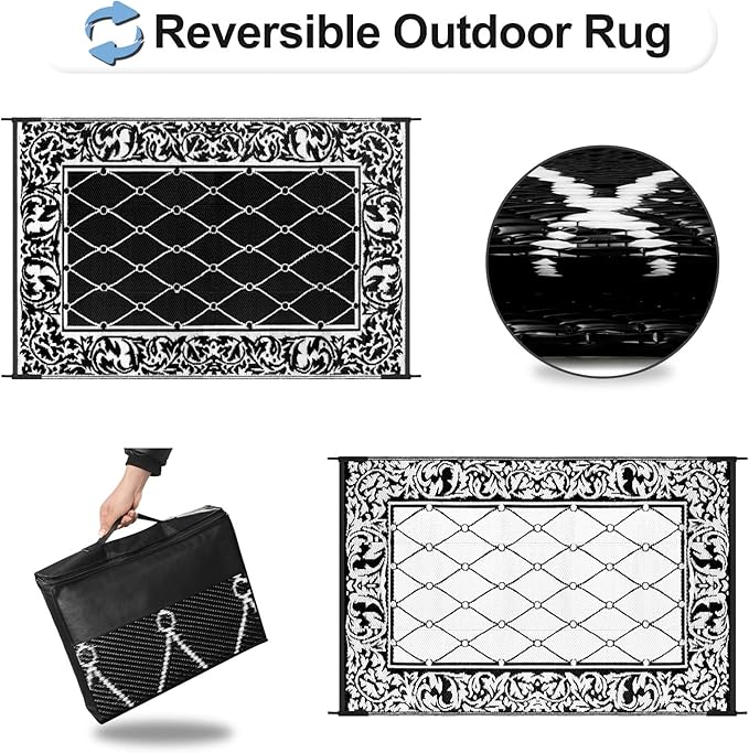 OutdoorLines Indoor Outdoor Rugs for Patio 5x8 ft - Reversible Outside Carpet, Stain & UV Resistant Portable RV Mats, Plastic Straw Rug for Camping, Pool Deck, Porch Rhombus Black & White