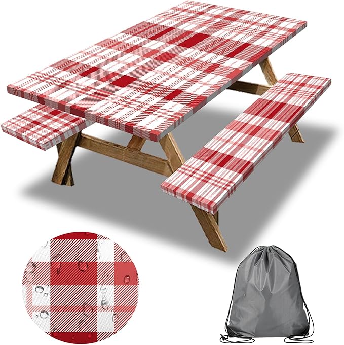 Red Picnic Table Cover with Bench Covers, 3 Pcs Waterproof Elastic Picnic Table Cover Outdoor Camping Essentials, Windproof Fitted Tablecloth for Camping, Indoor, Outdoor (Plaid, 60X30 Inch)