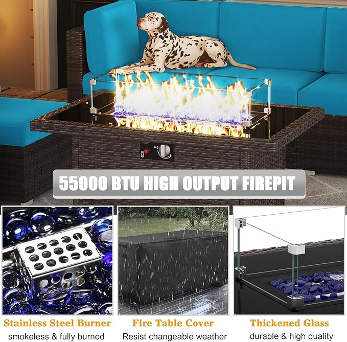 LayinSun 8 Pieces Outdoor Patio Furniture Set with 44" Fire Pit Table Rattan Sectional Sofa Conversation Sets