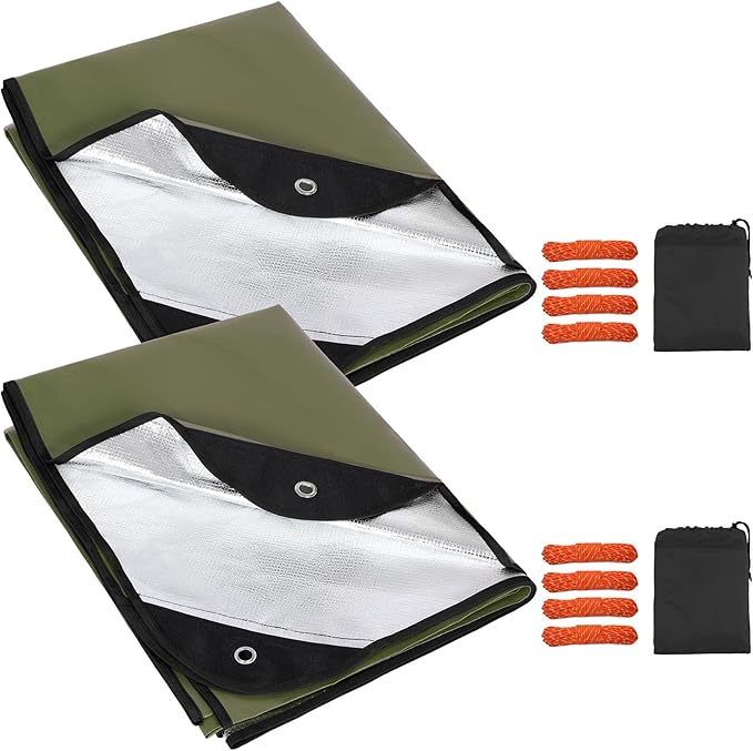 RedSwing 2 Pack Heavy Duty Waterproof Emergency Thermal Tarp, Insulated Survival Blanket for Outdoor Camping, Hiking, and Emergency Shelter, Green