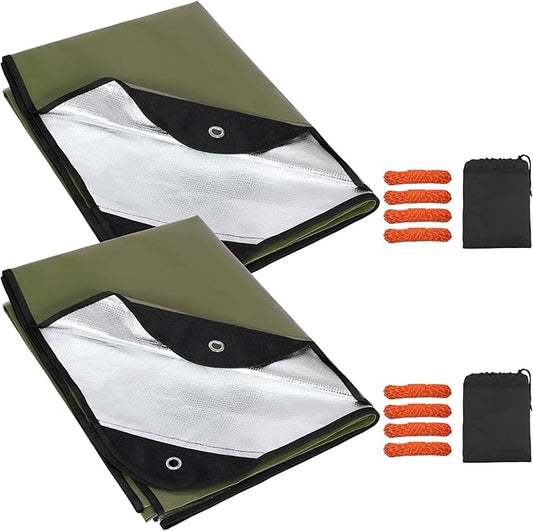 RedSwing 2 Pack Heavy Duty Waterproof Emergency Thermal Tarp, Insulated Survival Blanket for Outdoor Camping, Hiking, and Emergency Shelter, Green