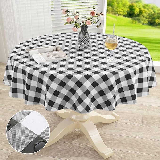 misaya Round Waterproof Vinyl Table Cloth, Buffalo Flannel Backed Tablecloth, Wipeable Plastic Table Cover for Dinner, Kitchen, Picnic (60", Black and White)