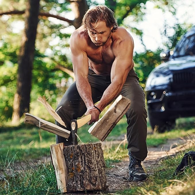 Prandi Axes German C45 Forged Carbon Steel Hatchet - Hickory Handle with Leather String - Ideal for Camping, Travel and Bushcraft - S/N 3.003.08.TH - 15" L x 6.42" W, 800g Polished Head, No Sheath