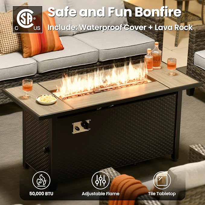 ovios 8 Pieces Patio Furniture Set with 54" Fire Pit Table, Outdoor Wicker Sofa with Comfy Cushions, All Weather High Back Rattan Couch Conversation Set, Grey