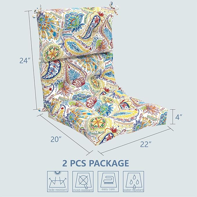 LVTXIII 2 Pack Outdoor/Indoor High Back Chair Cushions, Deep Seat Patio Seat and Back Cushion Set, Stuffed High Rebound Foam Rocking Chair Cushions, 44”x22”x4”, Paisley Chili