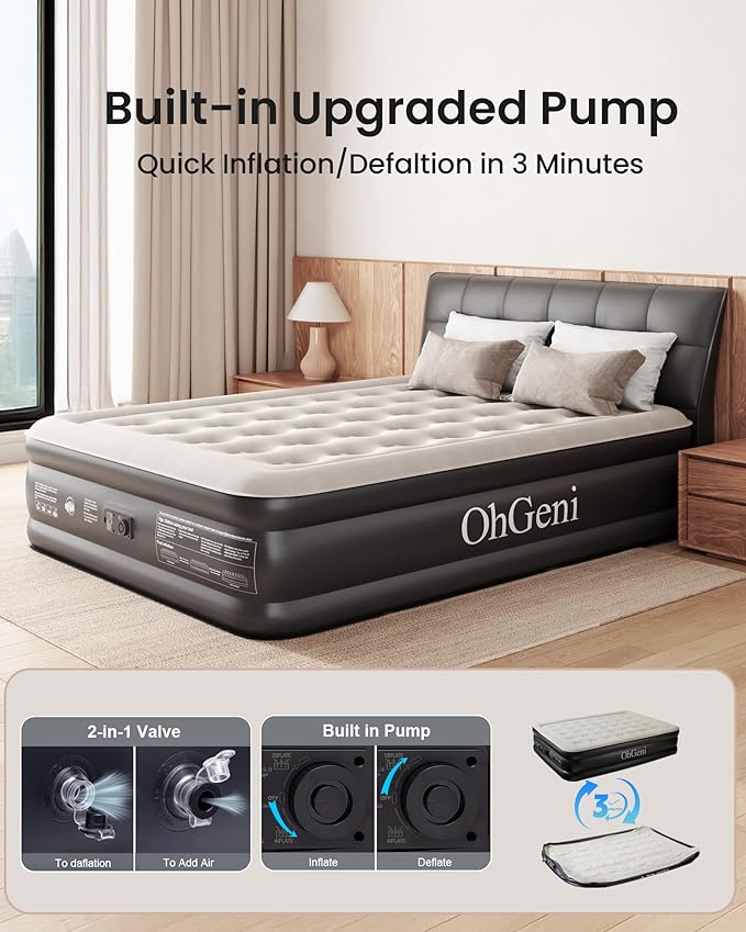 OhGeni Queen Air Mattress with Built in Pump, Inflatable Blow Up Mattress 18 Raised Comfort,Upgraded Surface Portable Mattress, Air Bed for Camping, Home and Guest, Colchone Inflable, 650 lbs Max