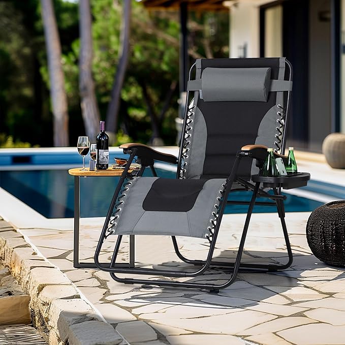 MFSTUDIO Zero Gravity Chairs, Oversized Patio Recliner Chair, Padded Folding Lawn Chair with Cup Holder Tray, Support 400lbs, Grey