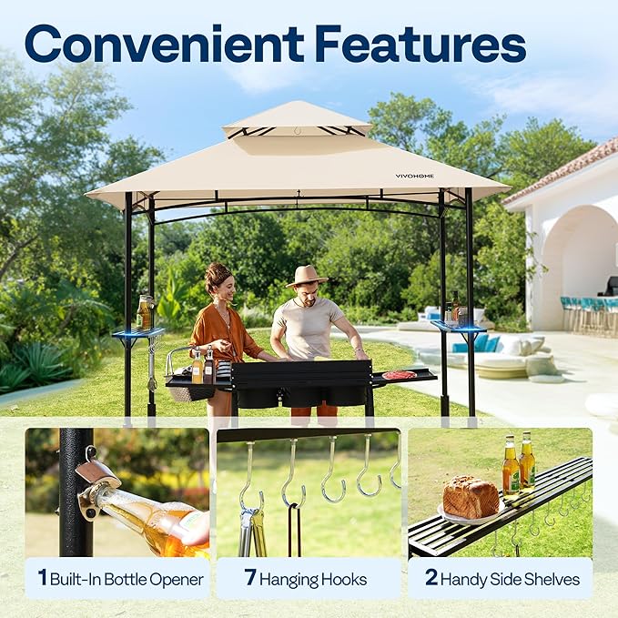 VIVOHOME Grill Gazebo Outdoor BBQ Patio Canopy Tent with Double Tiered Vented Top & 2 Side Shelves, Beige