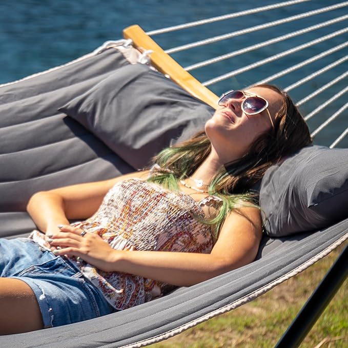 55in Hammock with Stand, Heavy Duty Hammock with Stand Included, Two Person Hammock with Curved Spreader Bar, Pillow and Portable Bag, 450 Lbs Capacity, Dark Gray