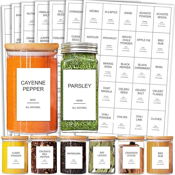 191 Spice Jar Labels Preprinted Minimalist Stickers - White Waterproof Label - Fit Round or Rectangle Spice Jars - Herb Seasoning Kitchen Pantry Labels