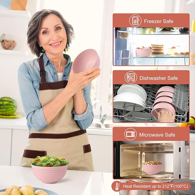 HOTEC Unbreakable Wheat Straw Cereal Bowls - Microwave & Dishwasher Safe Soup and Salad Bowls, Set of 8, 26oz, BPA Free,Pink