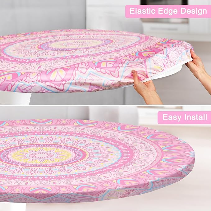 Round Tablecloth Fitted Elastic Table Cover Waterproof Table Cloth for Dinner, Party, Picnic,Camping, Round Table Cover for Indoor Outdoor