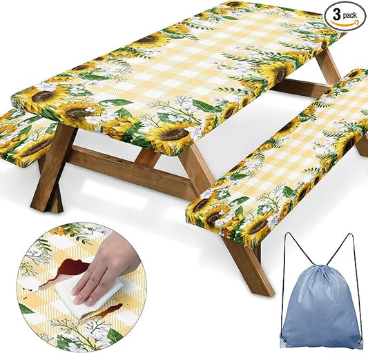 Picnic Table Cover with Bench Covers Elastic Edges, Yellow Fitted Table Cover, Outdoor Patio Camping Essentials 72 Inch 3PCS, Waterproof Camping Fitted Tablecloth with Drawstring Bag