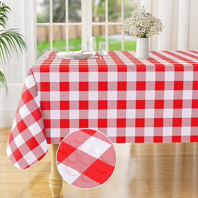 misaya Rectangle Waterproof Vinyl Table Cloth, Buffalo Flannel Backed Tablecloth, Wipeable Plastic Table Cover for Dinner, Kitchen, Outdoor (54" x 120", Red and White)