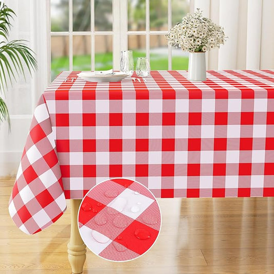 misaya Square Waterproof Vinyl Table Cloth, Buffalo Flannel Backed Tablecloth, Wipeable Plastic Table Cover for Dinner, Kitchen, Outdoor (54" x 54", Red and White)