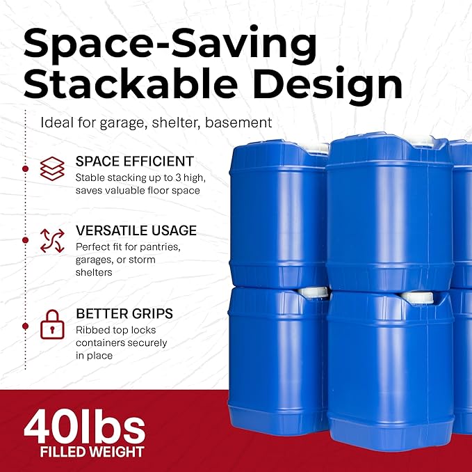 Legacy Food Storage Emergency Water Storage Containers, Long Term 5 Gallon Water Tank - 6 Stackable Food Grade Tanks Included, for Camping, Prepping, Survival - 30 Gallon Total Capacity