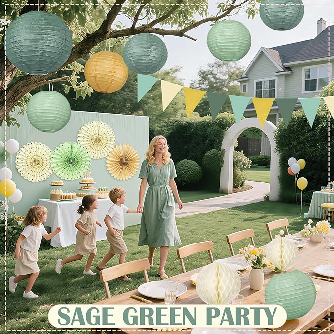 17Pcs Sage Green Party Decorations, Sage Green Gold Cream Paper Lanterns Paper Fans for Baby Shower Birthday Wedding Engagement Bridal Shower Party Decorations