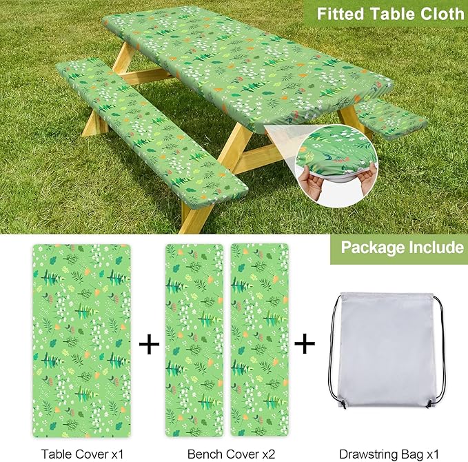 Picnic Table Cover with Bench Covers Camping Essentials Waterproof Windproof Camping Tablecloth with Drawstring Bag, Fitted Rectangle Tables and Seats, 60in, Grass Green
