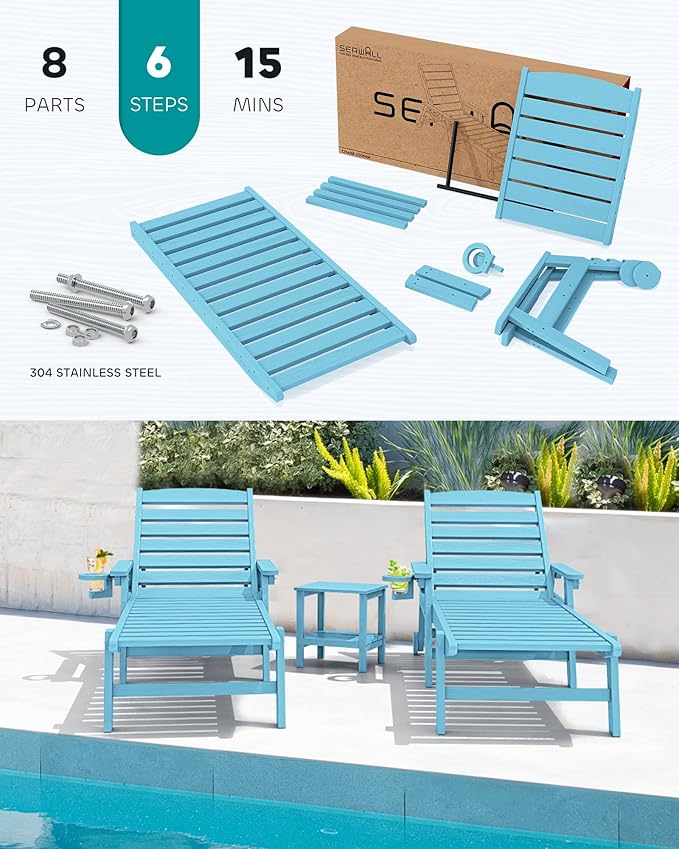 SERWALL Patio Chaise Lounge Chair, 5 Positions Adjustable HDPE Outdoor Lounge Chair, Poly Lounge Chair with Rolling Wheels & Cup Holder, Light Blue