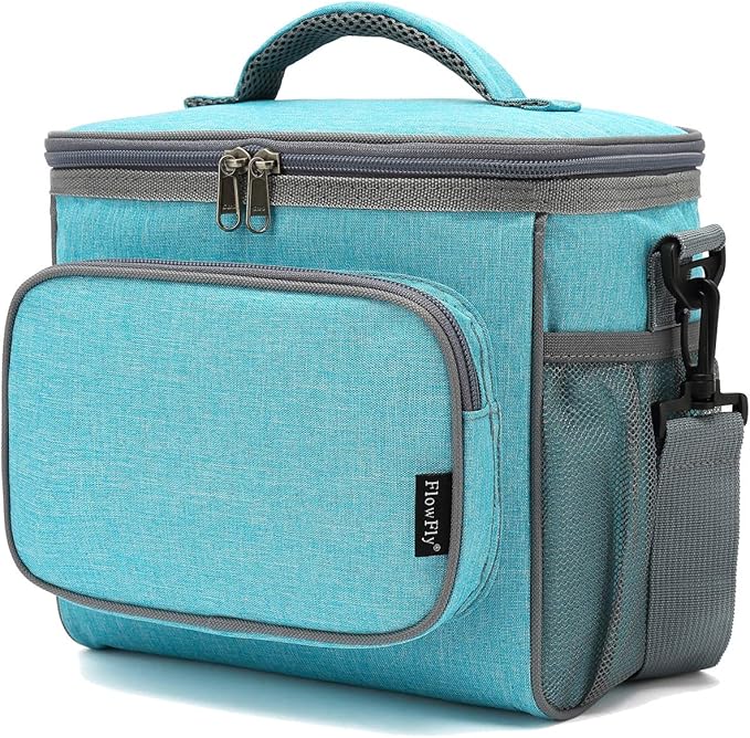 FlowFly Insulated Reusable Lunch Bag Adult Large Lunch Box for Women and Men with Adjustable Shoulder Strap,Front Zipper Pocket and Dual Large Mesh Side Pockets,SeaBlue