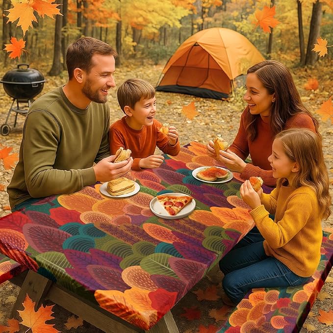 Picnic Table Cover with Bench Covers Elastic Edges, Fall Tree Fitted Table Cover, Outdoor Patio Camping Essentials 72 Inch 3PCS, Waterproof Camping Fitted Tablecloth with Drawstring Bag
