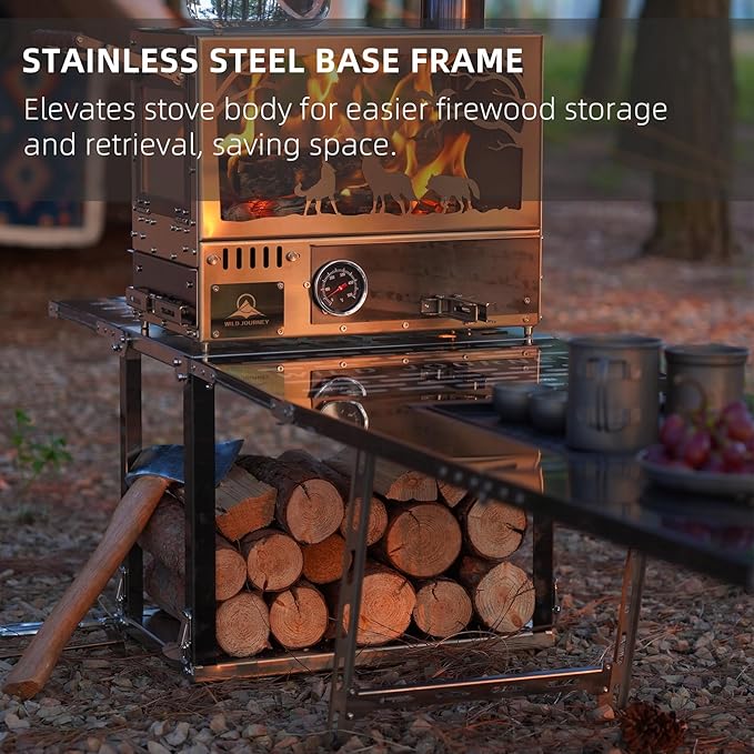 M8 Wood Burning Stove with Oven & Folding Camping Table, Stainless Steel Portable Hot Tent Stove, Including 6 Chimney Pipes, for Camping, Tents, Cooking and Travel Rose Gold