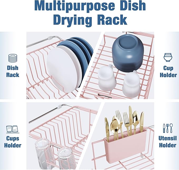 Dish Drying Rack in Sink, Pink Dish Dryer Racks Over Sink, Dishes Drainers for Kitchen Sink, Stainless Steel Plates Drying Rack with Utensil Holder & Cups Holder