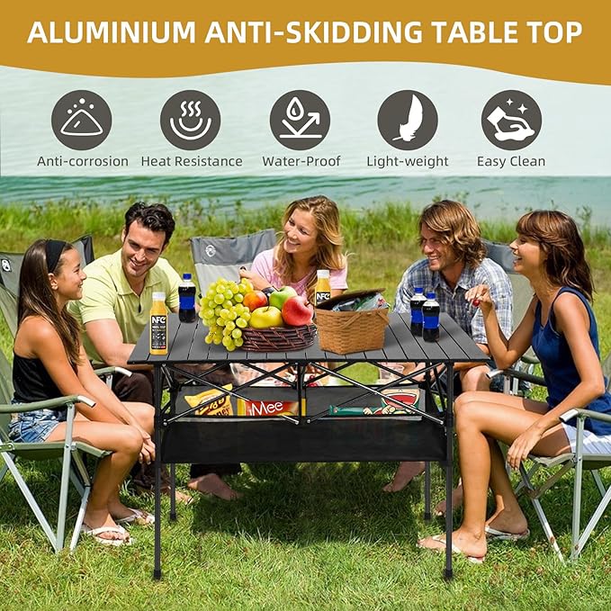 Dr.Quark Camping Table 41.4''x 28.4'' Ultra Compact Aluminum Folding Camping Table with Large Storage Roll Up Portable Camping 4-6 Person Foldable Camp Table with Carry Bag