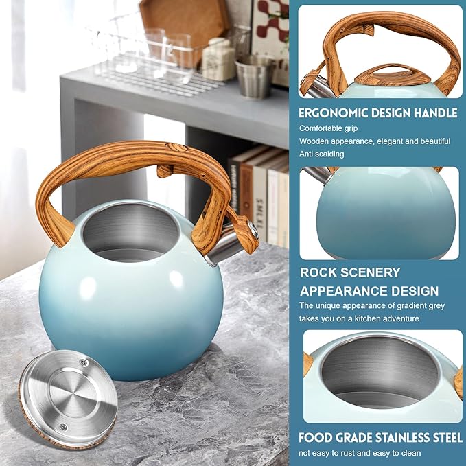 GGC Tea Kettle for Stove Top, 3.1QT/3L Whistling Tea Kettles for Boiling Water Coffee or Milk, Gradient Gray Tea Pot with Wood Parttern Handle, Stainless Steel Tea Pot for Home and Kitchen