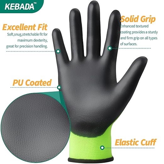 Kebada W1 Work Gloves for Men and Women, Touchscreen PU Coated Gloves with Grip, 50 Pairs Bulk Pack, Ideal for Warehouse Package Handling, Construction, Gardening, Green Medium