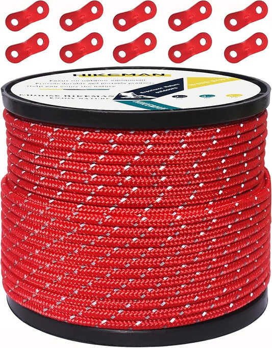 HIKEMAN 50m Reflective Guyline Solid Braid Nylon Camping Rope with Aluminum Adjuster Cord Tensioner Tent Accessory for Outdoor Travel,Hiking,Backpacking and Water Activities (Red, 4mm)