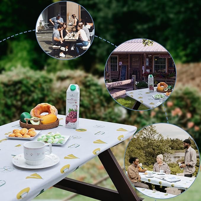 Picnic Table Cover and Bench Covers, Fitted Tablecloth Cover with Elastic Edge, Water and Oil Proof, for Outdoor, Garden, Camping, 72x28 Inch, 3 Pieces Set, Blue & White, Camping Cartoon