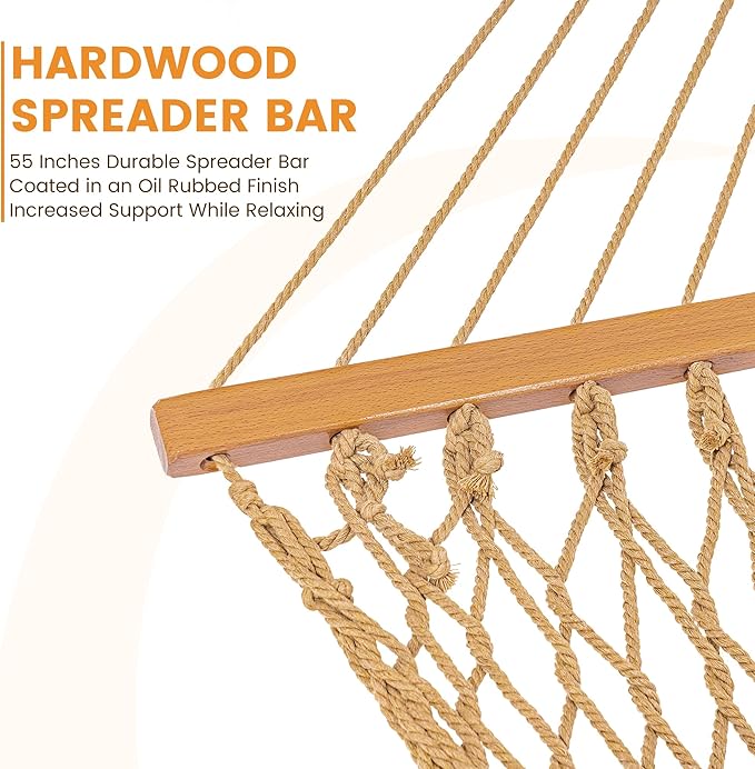 Lazy Daze Hammocks Double Rope Hammock, 2 Person Traditional Outdoor Hand Woven Cotton Rope Hammock with Spreader Bar, Chains, Tree Straps for Patio Yard - Max 450 Lbs, Tan