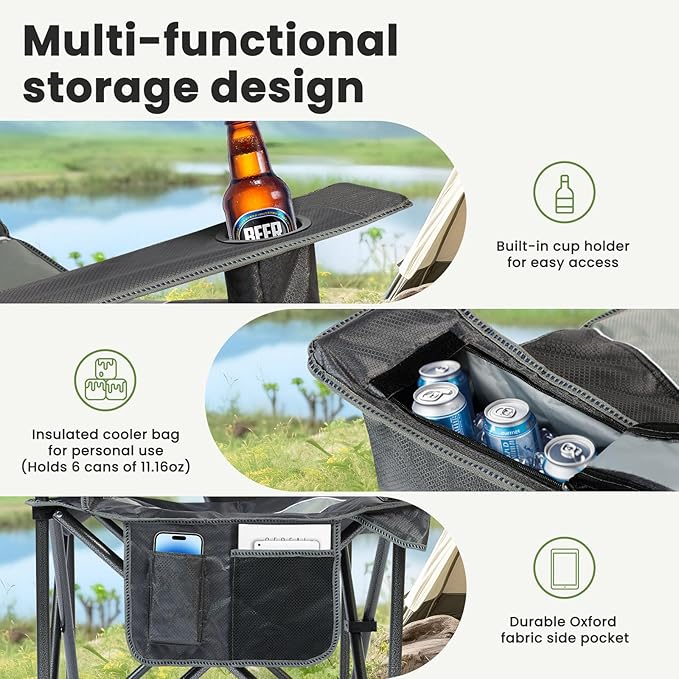 Oversized Folding Camping Chair for Adults, Supports 500 LBS Camping Chairs, Outdoor Lawn Chairs for Adults, Portable Chairs for Camping, Beach, Fishing, Hiking, Gray