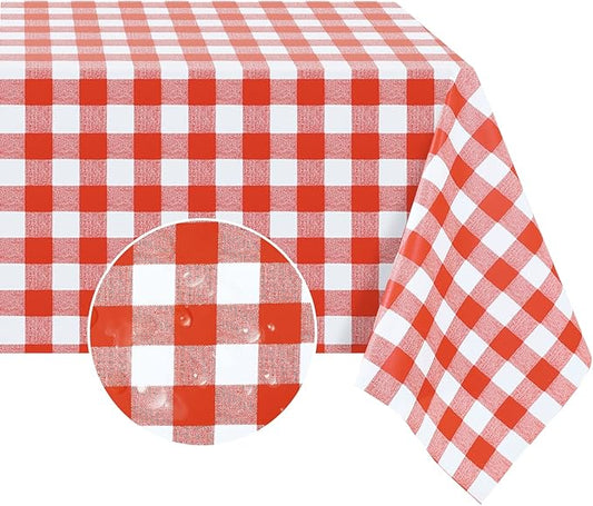 Romanstile Rectangle Vinyl PVC Tablecloth, 100% Waterproof Buffalo Plaid Plastic Table Cloth, Oil Proof Heavy Duty Wipeable Table Covers for Dining/Camping/Picnic/Outdoor - 54 x 120, Red and White